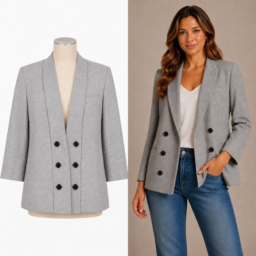 J. Gallery Petite Blazer Women 7/8 Gray Herringbone Double Breasted Shawl Collar